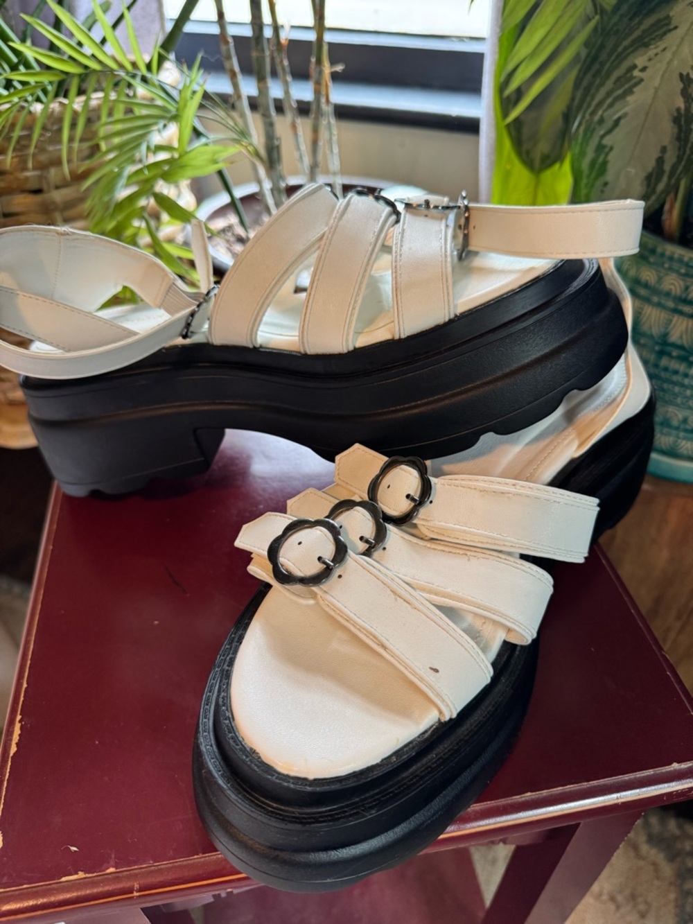 White Platform Strappy Sandals with Black Lug Sole